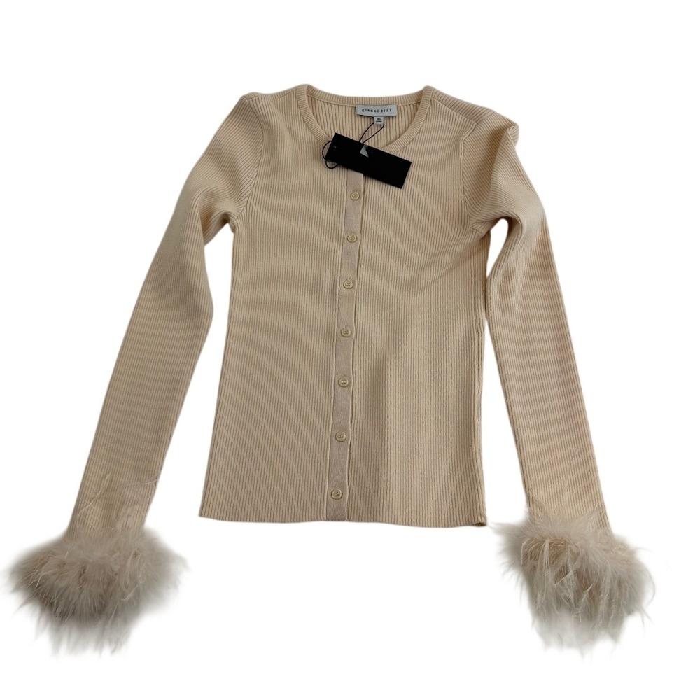 Gianni Bini Dove Beige Ribbed‎ Knit Feather Cuff Cardigan Women's Size - XS